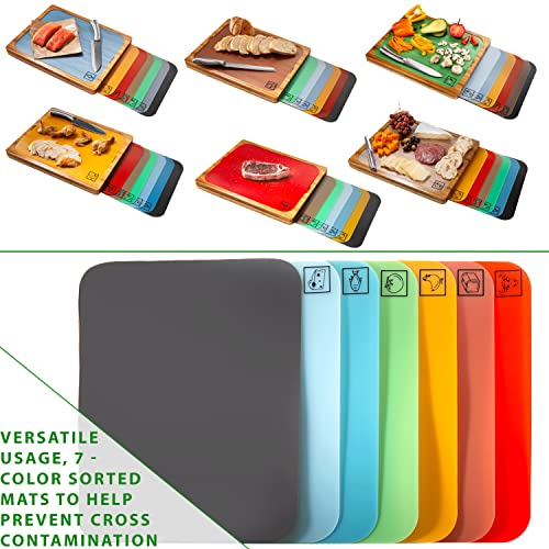 Seville Classics Bamboo Premium Wood Cutting Board Serving Tray W/ 7 Color-Coded Bpa-Free Mats, For Chopping Bread, Cheese, Fruits, Vegetables, Meats, Charcuterie (Patented), Bamboo (New Model) #TOP4