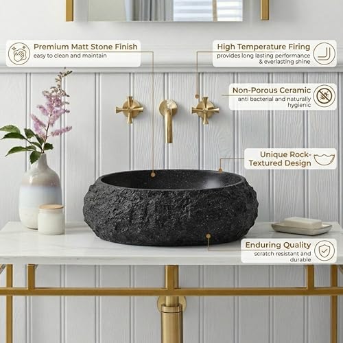 Image of BASSINO 20x15x6 Inches Artificial Stone Table Top Washbasin /Black Stone Texture Luxury Countertop Sink /Modern Rock Finish Wash Basin for Home-Hotel /Small Designer Oval Shape Basin for Bathroom(Matte)