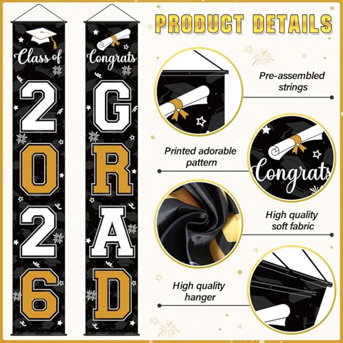Image of Graduation Party Decorations Class of 2026, Graduation Decorations with Congrats Grad Banner Fringe Foil Curtain Paper Flower Ball Balloon for High School College Graduation Party Supplies, Black Gold