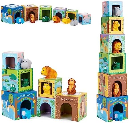 KMTJT Baby Stapelturm und Stapelwürfel ab 1 Jahr, Tier Montessori Spielzeug | Spielzeug ab 1 2 3 Jahr, Geschenk für 1 2 3 Jahre Kleinkinder Junge Mädchen, BPA-frei, Turm mit Niedli