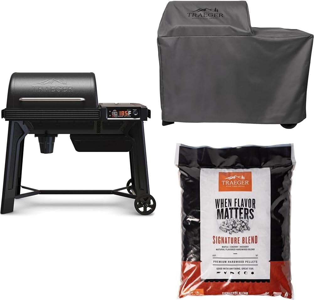 Bundle of Traeger Grills Woodridge Wood Pellet Grill and Smoker + BAC761 Full-Length All Weather Grill Cover Accessory - Woodridge + Signature Blend 100% All-Natural Wood Pellets, 18 lb. Bag