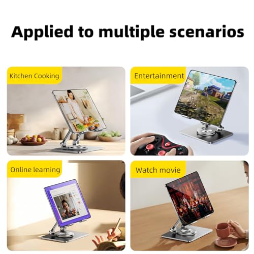 Image of iPad Holder Stand, Tablet Holder with Thickened 360 Rotating Base Dual Rod Adjustable Aluminum Stand for All 4-12.9'' iPad Surface Samsung Phone Tablet Kindle E-Reader and More, Silver