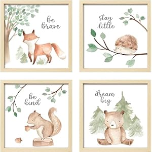 ArtbyHannah Framed Woodland Nursery Wall Decor, 10×10 inch Cute Baby Wall Art Room Decor for Kids, Safari Animals Prints with Wood Picture Frames for Playroom Bedroom Baby Shower Decoration(4 Pack)