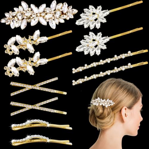 Set de 11 Pinzas para el Cabello con Rhinestone Elegantes Broches para Boda Prom con Cristal Hojas y Flores (Dorado)