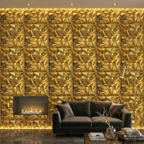 Image of Kayra Decor 3D PVC Wall Panels for Bedroom & Living Room | Frame Design |Golden Color | 19.7 x 19.7 Inch | Pack of 40 | 107.60 Sq Ft