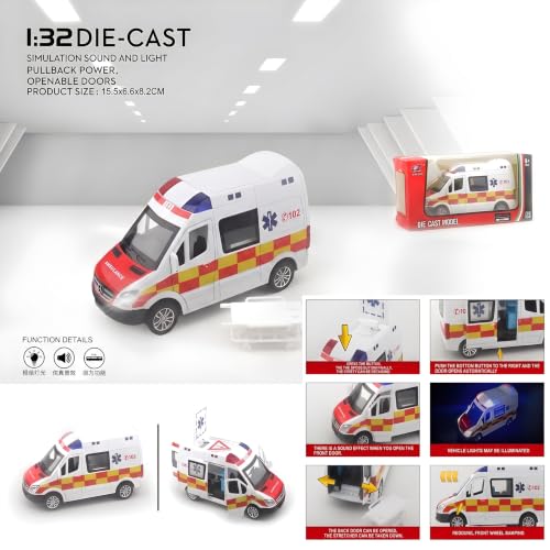 Image of 1:32 Scale Die-Cast Mercedess Ambulance Emergency Rescue Toy, Light and Siren Sound Effects, Pull-Back Action, Openable Doors and Rear Hatch for Kids (Ambulance), Red