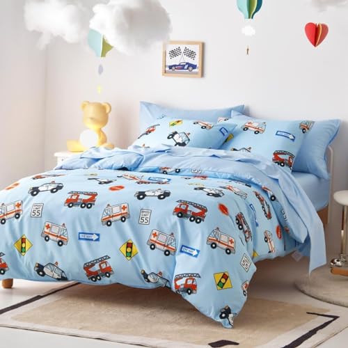 Freyamy Kinder Bettwäsche 135x200 Blau Bunt Cartoon Auto Kinderbettwäsche – Ansicht 2