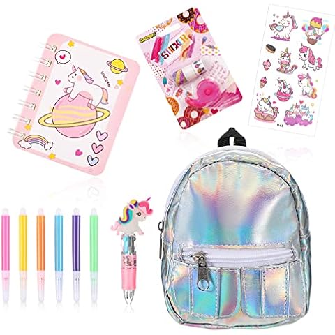 6 Pcs Unicorn Stationery Set Including Silver Mini Toy Backpack Mini Notepad Unicorn Aesthetic Stickers Unicorn Pens Adhesive Tape and Watercolor Pen for Girls Teenage Birthday Christmas Cover