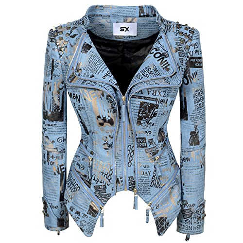 SX Women's Fashion Studded Perfectly Shaping Faux Leather Biker Jacket