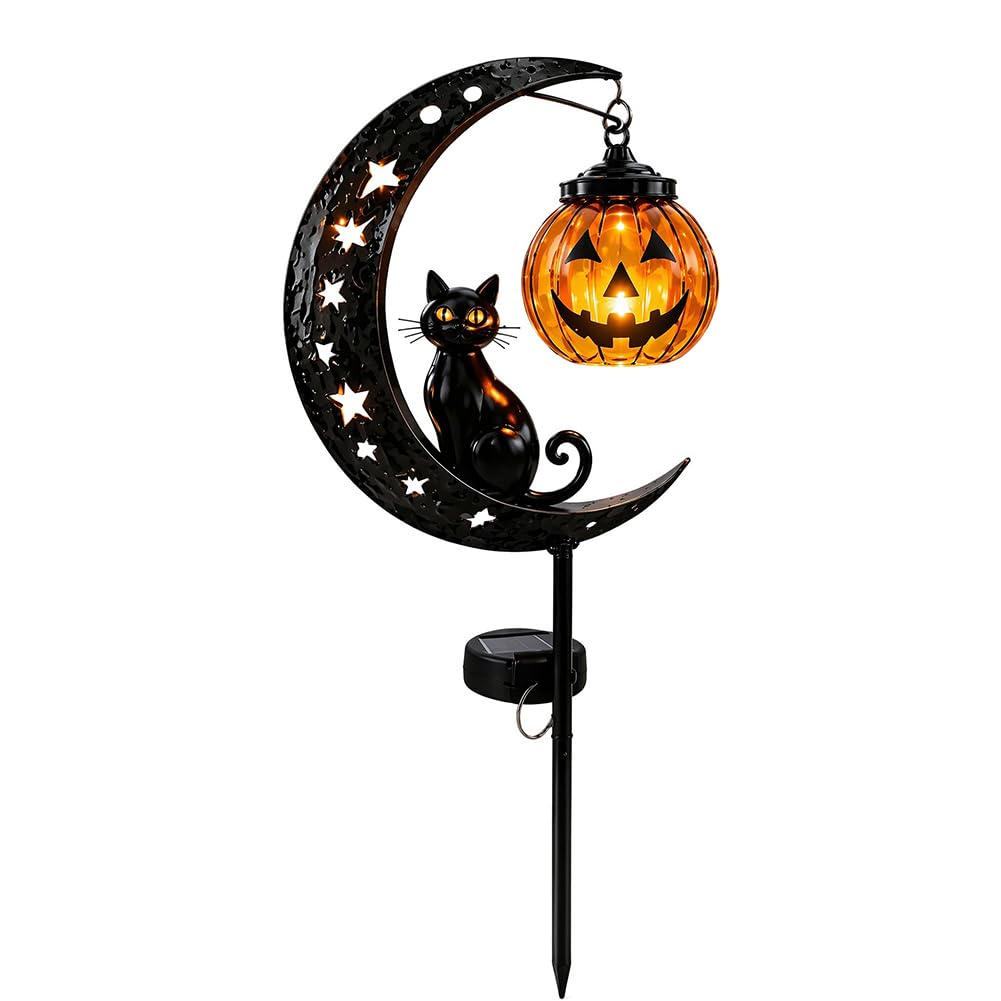 Solar Halloween Black Cat Pumpkin Moon Garden Stake Light,IP45 Waterproof Crackle Glass LED Pathway Lamp,Metal Crescent Yard Decor for Lawn Patio Outdoor Halloween Displays