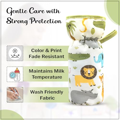 Image of GLUN Printed Baby Feeding Bottle Pouch with Lanyard Pack of 4, Cushioned Cotton Pouch, Keep Warm Baby Drinks, Glass, Plastic Bottle Insulator Bottle Protector Cover