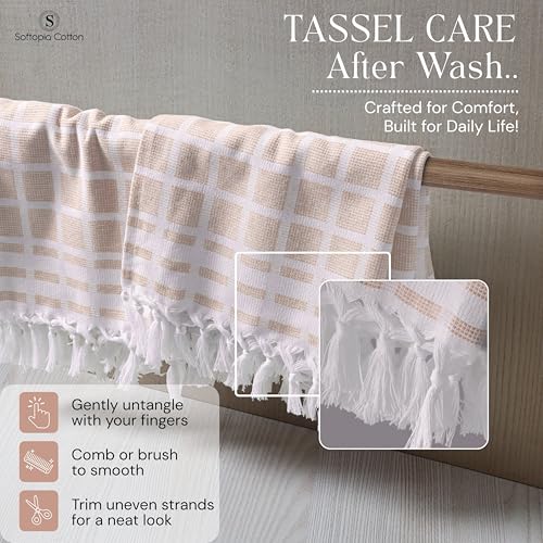 Image of Matrix Dobby Kitchen Towels 4 Pack 100% Cotton, 16 inchx26 inch, Handmade Knotted Tassel Dish Towels, Reusable & Washable Cloths for Drying, Absorbent Tea Towel for Cleaning - Beige, White