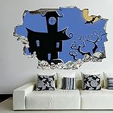 Witch Broom Halloween Wall Decal Spooky Pumpkin Ghost 3D Break Through Wall Sticker Removable PVC Fu
