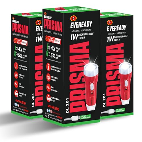 Image of Eveready DL 201 Prisma, 1W Rechargeable Torch, LED, Comes with 0.8W Tail Light, Pack of 3