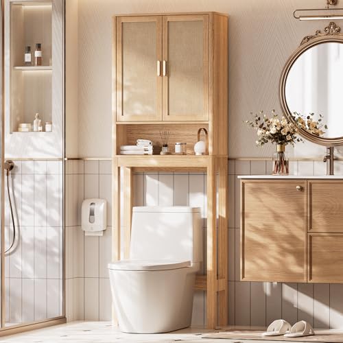 Over the Toilet Storage Cabinet, Bathroom Storage Cabinet with Rattan Doors, Bathroom Cabinet Over Toilet with Adjustable Shelf, Tall Freestanding Over Toilet Bathroom Organizer, Boho Natural Style