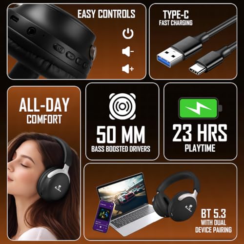 Image of PunnkFunnk Wireless Over-Ear Bluetooth Headphones - Deep Bass, Noise Isolation, Soft Cushioned Earcups, Foldable Lightweight Design, HD Mic for Gaming, Music & Calls (Black)