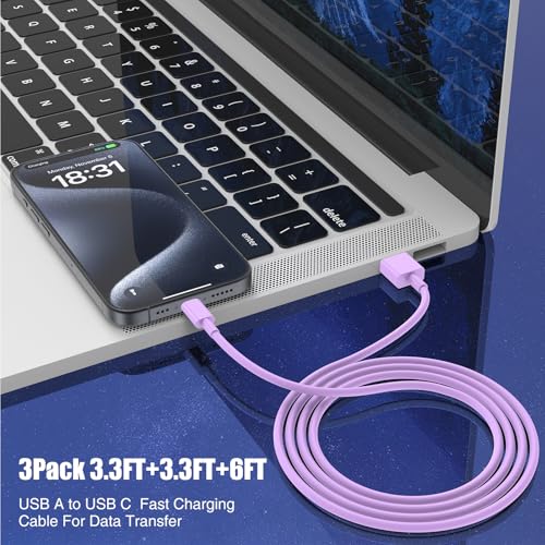 Image of 3-Pack Purple [3.3FT+3.3FT+6FT] USB A to USB C Cable，USB to USB C Car Carplay Cable for iPhone 16 15 Pro Plus Pro Max，for iPad Pro /Air /Mini，for Samsung S24 /S23 /S22 /S21，for MacBook Pro /Air and More
