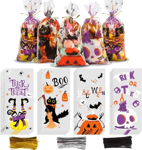 FOIMAS Halloween Cellophane Treat Bags, 120pcs Cello Candy Bags With Twisted Ties for Trick Or Treat Party Favor Supply, Purple