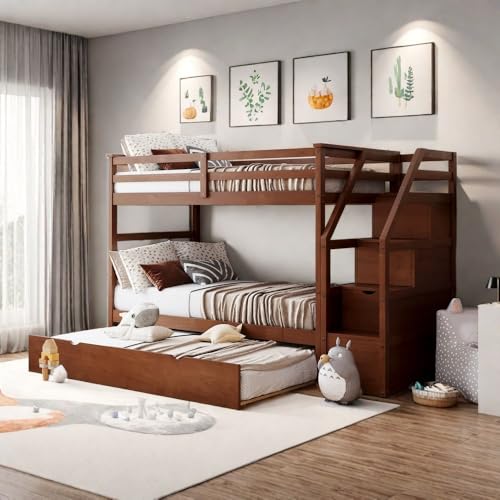 SOFTSEA Twin-Over-Twin Bunk Bed with Trundle and Storage Stairs, Wooden Twin Bunk Bed Frame for 3, Walnut