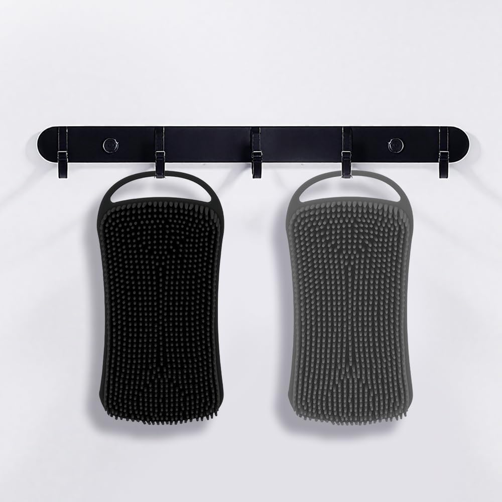 2 PCS Soft Silicone Body Scrubber, 2 in 1 Exfoliating Shower Bath Scrubber, Silicone Loofah Bath and Shampoo Brush Body Shower Use Shower Hair Scalp Massager, Easy to Clean, Lather Well (Grey & Black)