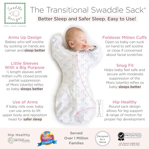 Image of SwaddleDesigns Transitional Swaddle Sack, Arms Up Half-Length Sleeve & Mitten, Most Gradual Transition Swaddle for Newborn