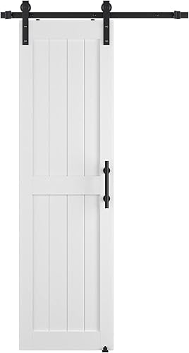 COSHOMER Puerta corrediza de granero MDF de 24 x 84 pulgadas con kit de herrajes para puerta de granero de 4 pies y asa, agujeros preperforados,