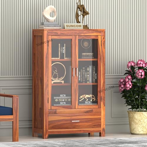 Image of SUNCOM Solid Sheesham Wood Sideboard Cabinet for Livingroom & Home Furniture - Wooden Cabinet with 2 Glass Doors & 1 Big Drawers for Storage - Designed to Display. Built to Store (Natural Finish)