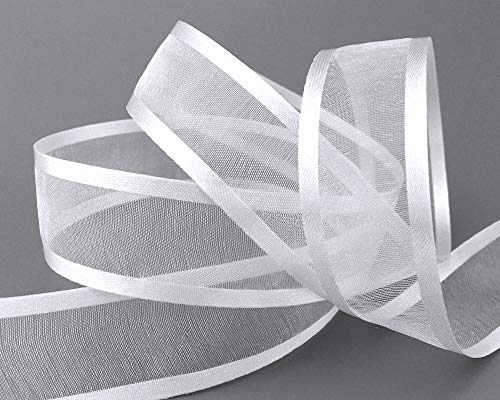 finemark 25 m x 25 mm Chiffon Ribbon with Satin Edge White (01) Chiffon Decorative Ribbon Gift Ribbon Semi-Transparent Shiny Without Wire Organza