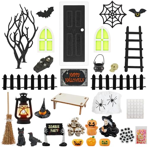 35 unidades de decoração para casa de bonecas de Halloween, acessórios de Halloween, acessórios de Halloween, miniatura, jogo de esqueletos, aranhas, morcegos, abóbora, elfo, fantasma, bruxa