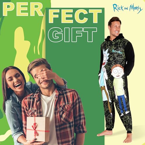 RICK AND MORTY Adult Onesie for Men Teenagers - Hooded Fluffy Fleece Onesies For Men Lounge Wear - Gifts for Men (Black/Multi, L)