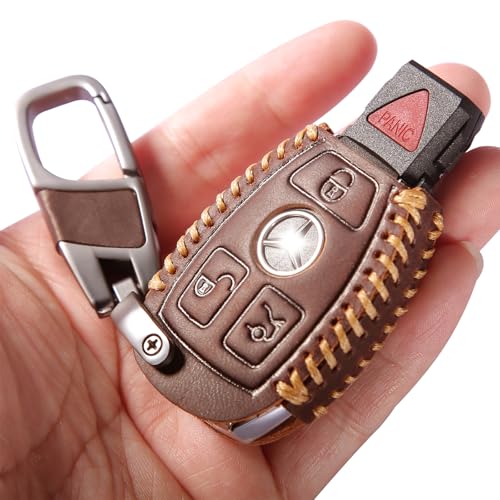 HOUTIAN Vintage Leather Key Fob Cover with Metal Keychain, Compatible with Mercedes-Benz Smart Key, 3/4-Button Remote for C/E/S-Class, GLA/GLC/GLE/GLS, CLA/CLS, SLK/SLC, GLK/ML/R/V (2006–2019)