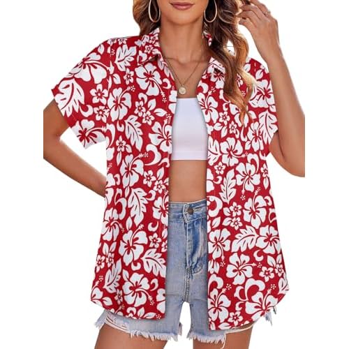 Women Hawaiian Shirt Button Down Summer Tops Beach Cool Short Sleeve V Neck Blouse 2026 Outfits