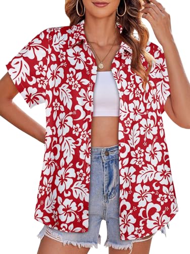 Image of Women Hawaiian Shirt Button Down Summer Tops Beach Short Sleeve Blouse