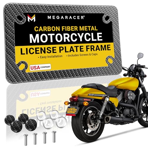 Image of Premium Motorcycle Carbon Fiber Design License Plate Frame, Rust-Free Stainless Steel, Rattle-Free & Street Legal, Universal Fit Tag Holder for Harley Davidson, Bike & Scooter, Porta Placa para Moto