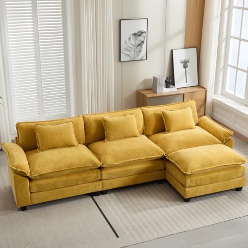 Image of Oprisen 120 inch Modular Sectional Sofa, Comfy Cloud Couch Sectional Sofa with Ottoman, Chenille Sofa Sleeper Deep Seat Sofa with Throw Pillows for Living Room (Yellow, 120 inch- L Shape)