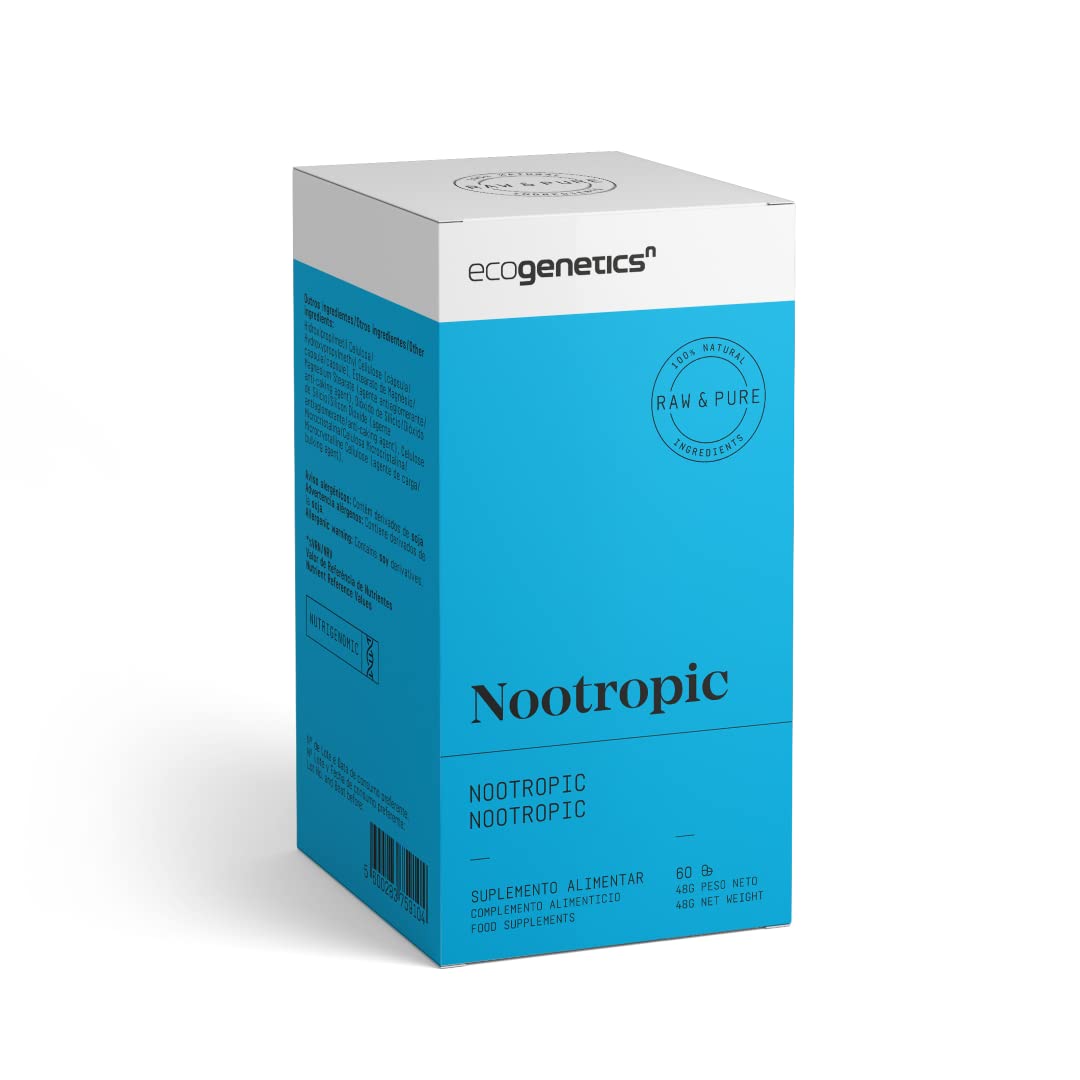ECOGENETICS - Nootropic 60 Cápsulas | Potenciador Cerebral con Ginkgo Biloba, Vitamina B12 | Nootropicos Memoria y Concentracion | Complementos Alimenticios Veganos para Estudiantes