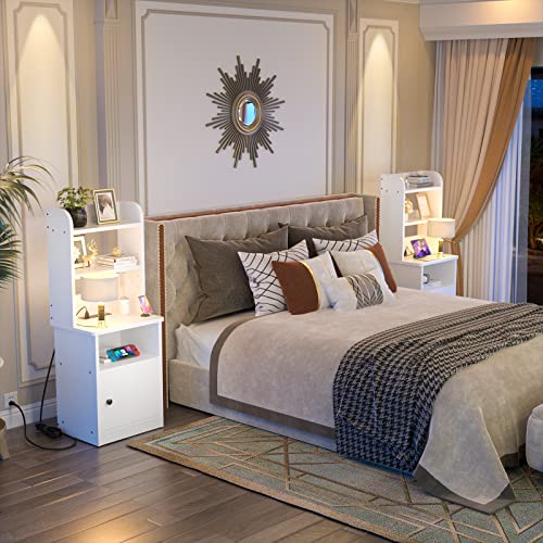 White Nightstand With Charging Station And Usb Ports, 47" Tall Bedside Table With Adjustable Bookshelf, Industrial End Table Side Table With Storage Cabinet For Home Office, White #TOP1