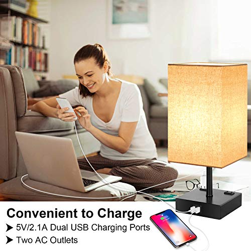 3 Way Dimmable Touch Control Table Lamp, Modern Bedside Desk Lamp with 2 Fast USB Charging Ports 2 AC Outlets, Nightstand Lamp for Bedroom Living Room Office, 60W LED Bulb Included, Black Base - Thumbnail 5