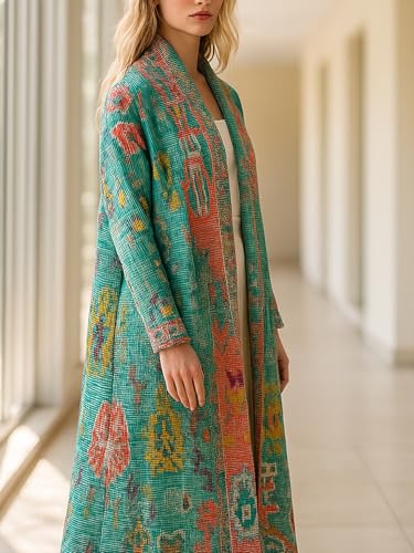 Open Front Vintage Print Cardigan for Women Wrinkle-Free Long Sleeve Lapel Collar Long Coat 2025 Fall New2