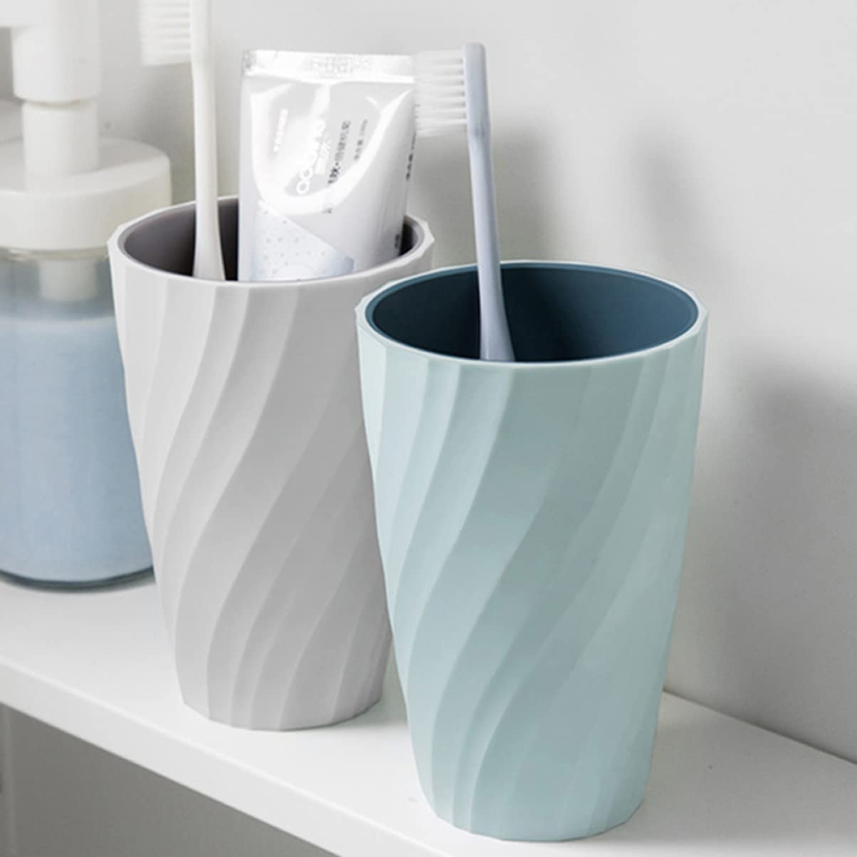 FONDOTIN 2pcs Double Mouthwash Cup Grey White Dark Household Tumbler for Drinking Toothbrush Holder Stylish Design for Home School Office Use