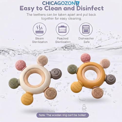 Image of CHICAGOZONE Premium Baby Teether | Silicone + Wooden Ring | BPA-Free, Non-Toxic, Safe Chew Toy | Round Shape | Color - Beige for Babies 3+ Months