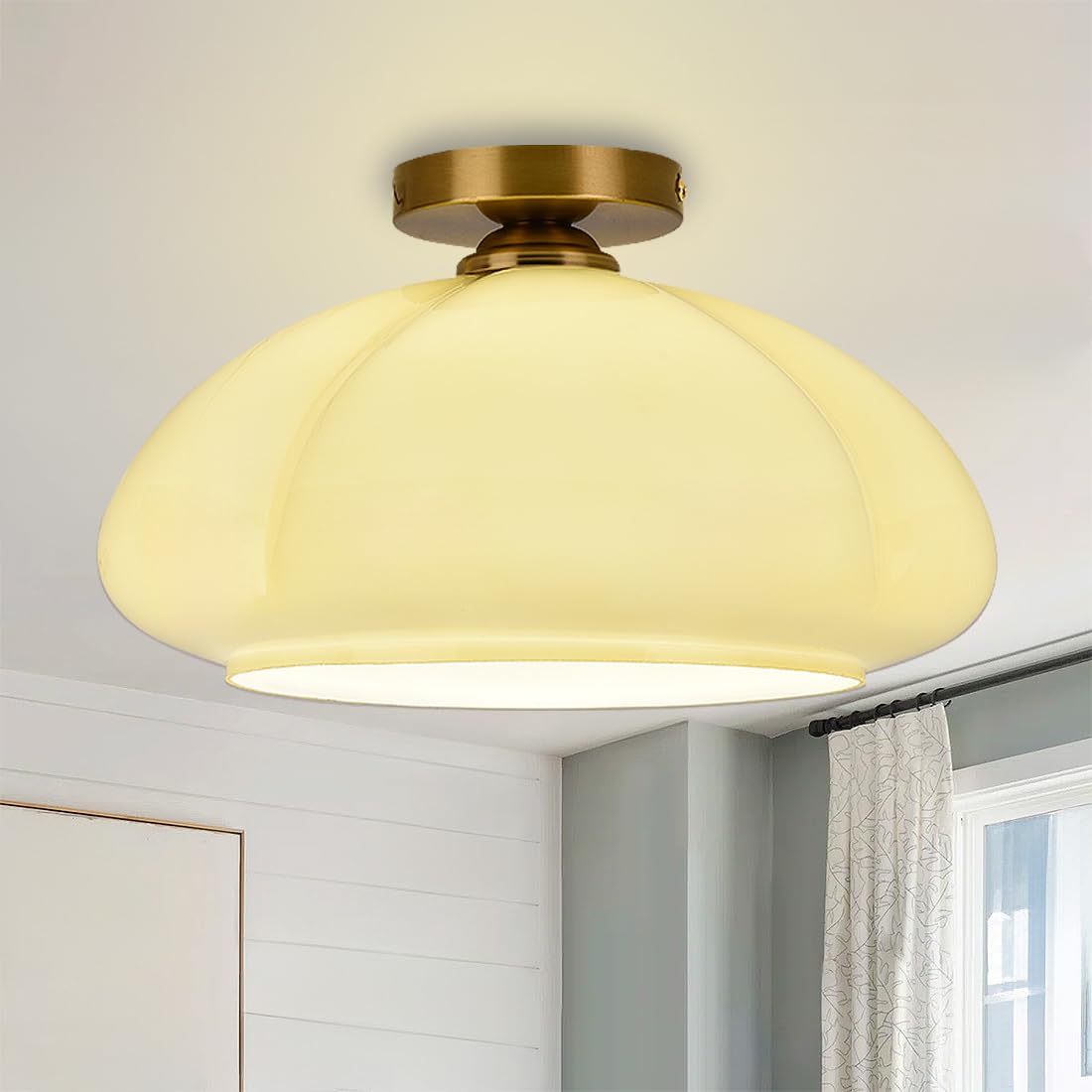 KAKINOTE Cream White Pumpkin Glass Ceiling Light Mid Century 11.8" Golden Metal 3 Color Temperatures Semi Flush Mount Ceiling Light Fixtures for Living Room Bedroom Bathroom Hallway Entryway Kitchen