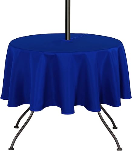 Miniatura 2 de SARAFLORA Mantel redondo para exteriores e interiores, 60 pulgadas, color azul, sin arrugas, lavable, impermeable, con agujero para sombrilla y