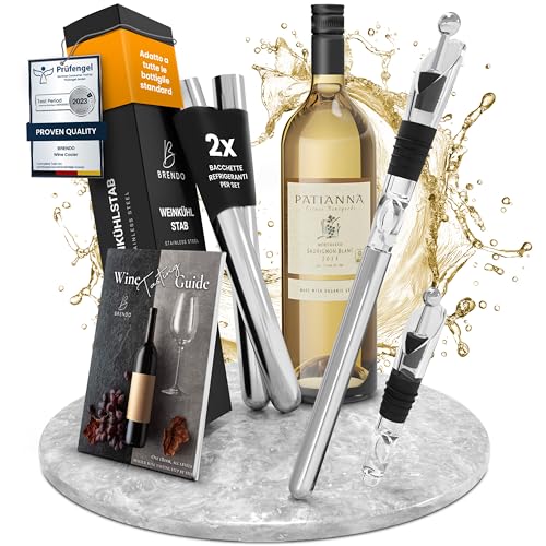 Brendo Refrigeratore per Bottiglie Vino 4-in-1 Asta di Raffreddamento Acciaio Inox I Raffredda Bottiglie con 2 Lunghezze + Versatore + Decanter + Tappo I Set Regalo Uomini Donne, Accessori