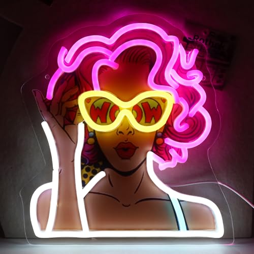 Image of Pop Art Beauty Lady Neon Sign For Wall Decor, Colorful UV Printed Neon Light with Retro Girl Design, LED Artwork for Bar, Bedroom, Game Room, Party Decoration Holiday Birthday Gifts