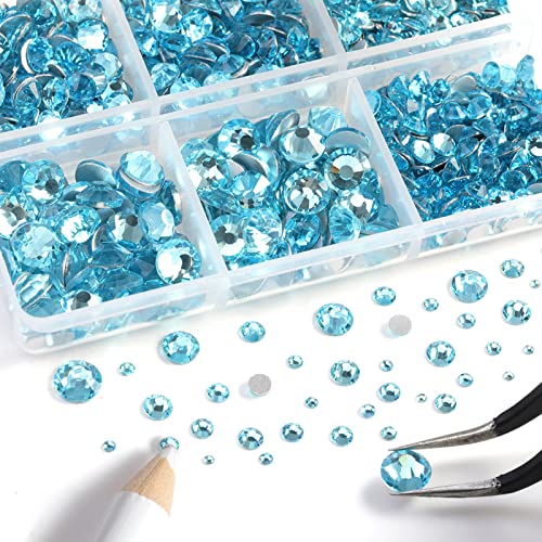Image of Beadsland 8300PCS Flatback Rhinestones, Blue Rhinestone Round Crystal Rhinestones for Crafts, Mixed 10 Sizes with Wax Pencil and Tweezer Kit, SS3-SS30, Aquamarine