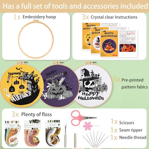 Image of Ohcol 3 Sets Halloween Embroidery Kit,Needlepoint Kits for Adults with Clear Instructions