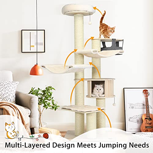 Image of Tangkula Large Cat Tree, Multi-Level Tall Cat Tower with Sisal Scratching Posts, Hammocks, Hanging Basket, Cat Condo and Removable Washable Cushions, Modern Wood Cat Tree for Indoor Cats Large Adult