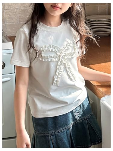 MakeMeChic Girl's Bow Crew Neck T Shirt Frill Trim Short Sleeve Summer Tee Tops2