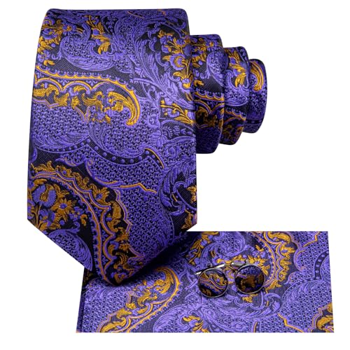 Image of Hi-Tie Paisley Floral Ties Set for Men Silk Mens Stripes Necktie Pocket Square Cufflinks Set Formal Business